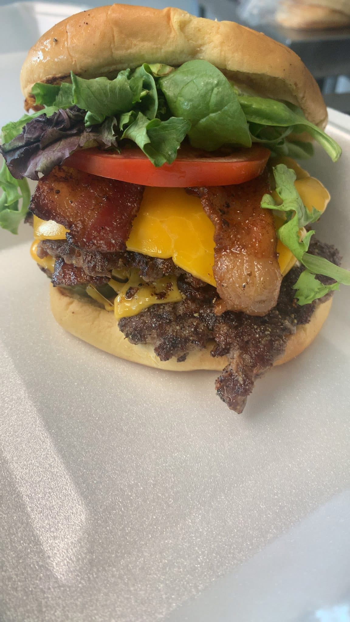 A stacked burger from Earnie’s Food Truck